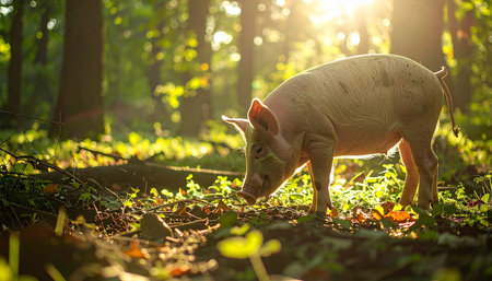 In the heart of a tranquil forest, a young pig forages amongst the fallen leaves as the golden light of the setting sun filters through the trees. This idyllic scene captures a moment of peace and harmony, representing concepts of organic farming, animal welfare, and a sustainable connection with nature.の素材