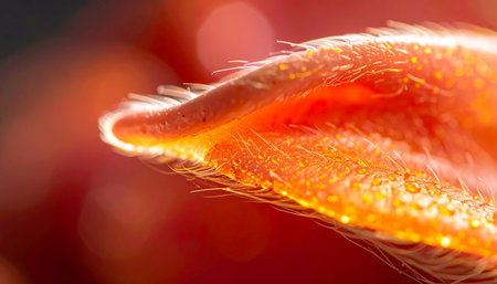An intimate, super-macro perspective of a flower petal. Backlit by warm, golden light, the delicate, fuzzy hairs along its edge glow with life, revealing the intricate beauty of the natural world. The soft-focus background creates a dreamy, serene atmosphere, evoking feelings of warmth and tranquility.の素材