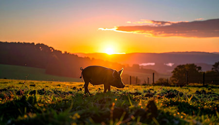 A lone pig peacefully grazes in a lush pasture as the sun sets over rolling hills, casting a warm, golden glow. This tranquil scene captures the idyllic beauty of rural life and sustainable, free-range farming.の素材