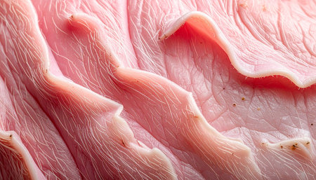 A detailed macro photograph captures the delicate, paper-thin layers of gourmet cured ham. The intricate textures and rich pink hues create an abstract pattern, celebrating the artistry of charcuterie and the sensory pleasure of fine food.の素材