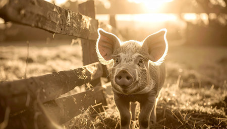 A curious little piglet stands in a rustic farmyard, its ears glowing in the warm, golden light of a beautiful sunrise. This heartwarming scene captures the innocence and simple joys of country life and sustainable agriculture.の素材