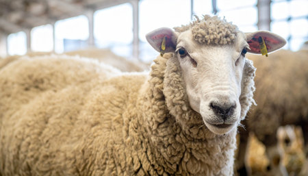 A gentle, woolly sheep pauses in a brightly lit barn, looking directly into the camera with a curious and calm expression. This close-up portrait captures the simple, peaceful essence of rural life and the quiet dignity of farm animals.の素材
