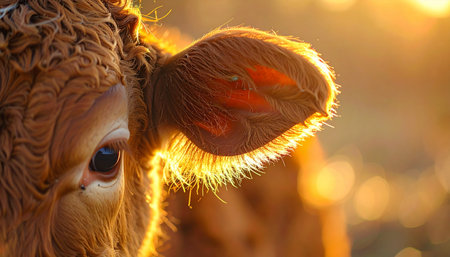 A close-up detail shot captures the delicate fur on a cows ear, beautifully backlit by the warm, golden light of a setting sun. The soft glow creates a peaceful and serene atmosphere, highlighting the simple, rustic beauty of farm life at dusk.の素材