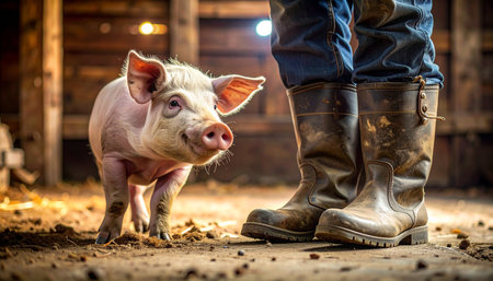 In the warm, rustic light of a barn, a curious and friendly piglet looks up at the muddy boots of a farmer. This heartwarming moment captures the gentle bond between human and animal, symbolizing trust, innocence, and the authentic spirit of farm life.の素材