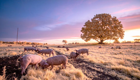 As the sun rises, casting a warm golden glow across the landscape, a herd of free-range pigs peacefully forages in the open pasture. This idyllic scene captures the essence of sustainable farming, animal welfare, and the tranquil beauty of a new day beginning on the farm.の素材