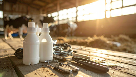 As the golden sunrise streams into the rustic barn, bottles of fresh milk sit ready beside modern milking equipment. This scene captures the essence of dairy farming, blending traditional pastoral life with the technology of food production, symbolizing a fresh start to the day.の素材