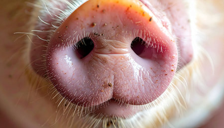 A detailed macro photograph captures the charming and curious nature of a farm pig. The focus on the wet, pink snout with its unique texture and tiny hairs offers an intimate glimpse into the simple, authentic life of a farm animal.の素材