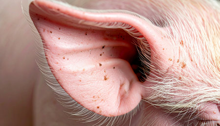 A detailed macro photograph captures the delicate texture and unique freckles on a young pigs ear. This intimate view highlights the subtle details of farm life, suggesting themes of animal health, veterinary care, and the quiet sensitivity of nature.の素材