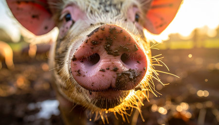 A curious and friendly pig with a muddy snout peeks into the camera, bathed in the warm, golden light of a beautiful sunset. This charming close-up captures the authentic and joyful spirit of life on a sustainable, free-range farm.の素材