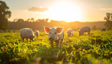 A curious young piglet stands in a lush green meadow, its ears glowing in the warm light of the setting sun. In the background, other pigs graze peacefully, embodying an idyllic scene of sustainable, free-range farming and animal welfare.の素材