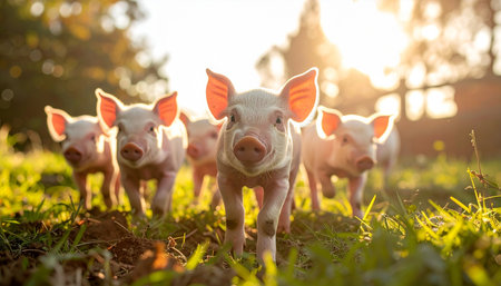 A group of adorable young piglets walks curiously towards the camera through a lush green pasture. The warm, golden light of a setting sun backlights them, making their ears glow and casting a magical, idyllic atmosphere over the farm scene. This charming image captures the innocence and simple joys of rural life.の素材