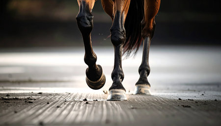 A close-up, low-angle view captures the powerful and rhythmic movement of a horses hooves on a dusty track. The focused detail highlights the strength and grace inherent in every step, symbolizing forward motion, determination, and the journey ahead.の素材