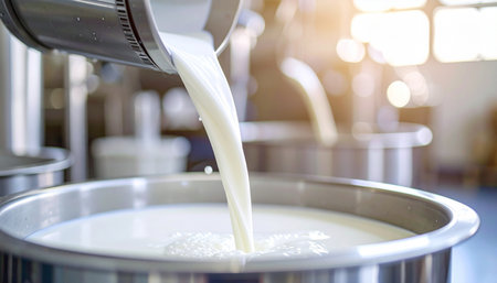 In a brightly lit, modern dairy facility, a stream of fresh, pure milk pours from automated equipment into a large stainless steel vat. This image captures the essence of quality-controlled food production, highlighting the journey from farm to table with an emphasis on cleanliness, efficiency, and nutrition.の素材