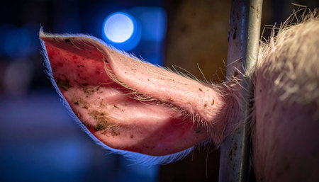 A detailed macro shot captures the texture and form of a pigs ear, illuminated against a dark, moody background with a soft blue light. This intimate perspective offers a unique look at farm life, highlighting the often-overlooked details of livestock in a modern agricultural setting.の素材