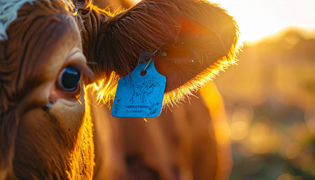 As the sun sets over the pasture, its golden rays create a warm halo around a gentle farm cow. This intimate close-up captures the quiet dignity of rural life and the connection between nature and agriculture, with the ear tag symbolizing modern, responsible farming.の素材