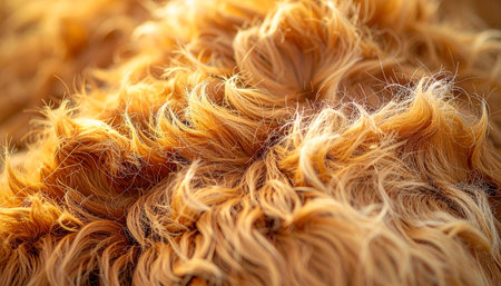 Sunlight catches the soft, golden waves of thick fur, creating a luminous and warm texture. This abstract background evokes a sense of comfort, coziness, and natural beauty, perfect for projects related to pets, home, or textiles.の素材