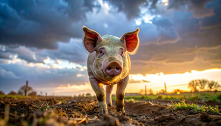 With ears glowing in the last light of day, a young pig looks directly into the camera, a symbol of curiosity and life on the farm. The dramatic, cloudy sky and muddy earth ground the scene in authentic rural charm.の素材