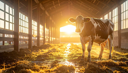 A lone dairy cow stands peacefully in a rustic barn as the first rays of the golden sunrise stream through the windows. The warm light illuminates the hay-strewn aisle, creating a serene and hopeful atmosphere of a new day beginning on the farm.の素材
