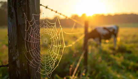 As the sun rises over a quiet pasture, its golden light catches the delicate, dew-kissed threads of a spiderweb on an old wooden fence. This serene country morning captures the simple, intricate beauty of nature and the peaceful start of a new day.の素材