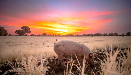 As a breathtaking sunset paints the sky in fiery hues of orange and purple, a solitary pig forages peacefully in a golden pasture. This tranquil scene captures the quiet beauty of rural life and the simple, serene moments at the close of day on the farm.の素材