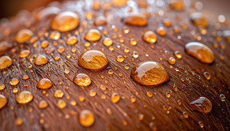 A stunning macro photograph captures the beauty of golden water droplets beading perfectly on a richly stained wooden surface. The warm light reflects within each drop, highlighting the woods texture and the effectiveness of its waterproof seal. This image evokes a sense of durability, protection, and natural elegance.の素材