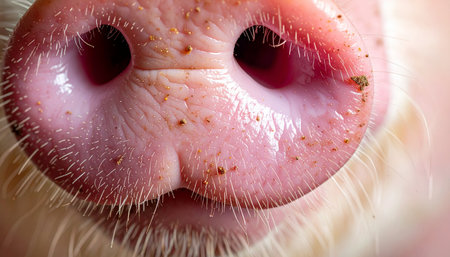 A detailed macro perspective brings you face-to-face with the curious and endearing nature of a farm animal. Every texture, from the moist snout to the coarse whiskers, is visible in this intimate portrait, highlighting the simple beauty of rural life.の素材