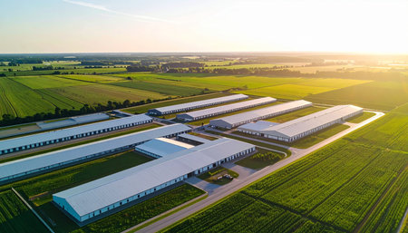 As the sun sets, casting a golden glow over the landscape, a modern agricultural complex stands as a testament to efficiency and innovation in food production. This aerial perspective showcases the vast scale of contemporary farming, nestled amidst lush green fields.の素材