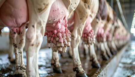 In a modern dairy facility, a line of cows stands ready for milking. This close-up view highlights the full udders, the source of fresh milk, showcasing the scale and process of commercial dairy farming and food production.の素材