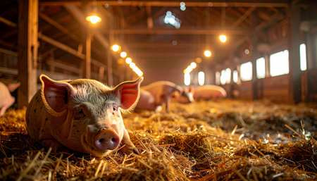 In the gentle, warm glow of the barn lights, a curious young piglet rests peacefully on a bed of golden straw. The cozy and tranquil scene captures a moment of quiet contentment in the heart of rural farm life, evoking feelings of warmth and authenticity.の素材