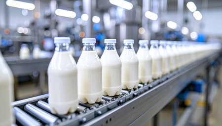In a state-of-the-art dairy facility, a seemingly endless line of freshly filled milk bottles travels along an automated conveyor belt. This image captures the precision and efficiency of modern food manufacturing, ensuring quality products are delivered from the factory to the consumer.の素材