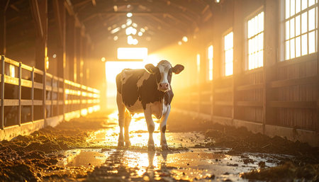 A lone Holstein cow stands in the central aisle of a rustic dairy barn, bathed in the warm, golden glow of the rising or setting sun. The dramatic backlighting creates a hopeful and serene atmosphere, highlighting the authentic beauty of farm life and agriculture.の素材