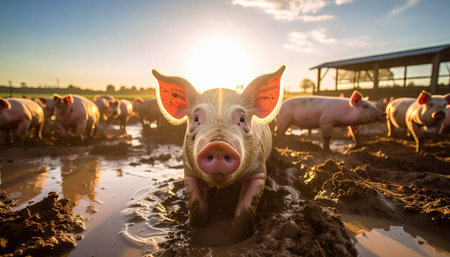 A curious and friendly piglet stands in a muddy field, looking directly into the camera with a charming expression. The warm, golden light of the setting sun backlights the scene, creating a beautiful lens flare and highlighting the authentic, rustic atmosphere of farm life. This image evokes feelings of innocence, happiness, and a connection to nature and sustainable agriculture.の素材
