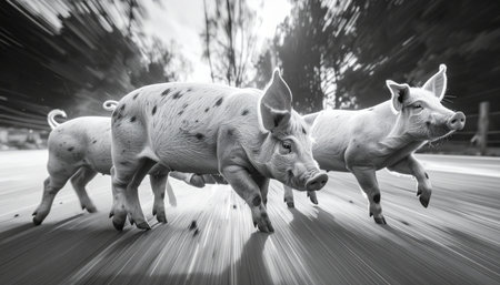 A dynamic black and white scene captures the unexpected sight of three farm pigs running with purpose down a rural road. The motion blur effect emphasizes their speed and determination, creating a sense of freedom, escape, and untamed energy in a chaotic yet powerful moment.の素材