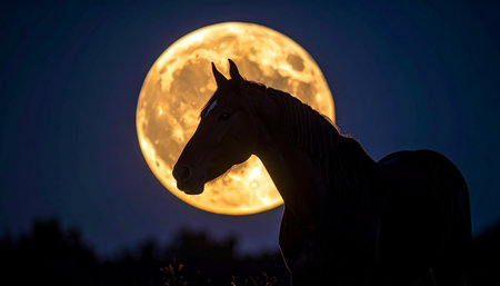 A majestic horse stands in quiet contemplation, its powerful silhouette perfectly framed against the glowing backdrop of a giant full moon. This serene and magical night scene evokes a sense of mystery, freedom, and the untamed beauty of nature.の素材