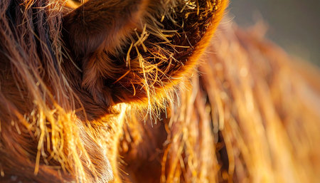 A detailed macro shot captures the intricate textures of a horses ear, illuminated by the warm, golden glow of a setting sun. The light catches every fine hair, creating a halo effect and evoking a sense of peace and tranquility on a rustic farm at dusk.の素材