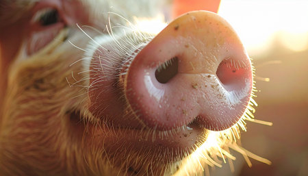 An intimate close-up of a pigs snout, glowing in the warm, golden light of a sunrise. This gentle image evokes a sense of curiosity, connection, and the simple, rustic charm of life on the farm.の素材