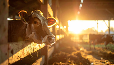 As the first rays of golden sunlight stream into the rustic barn, a curious dairy cow peeks over the stall, bathed in the warm glow of a new day. This peaceful scene captures the serene and authentic atmosphere of rural farm life.の素材