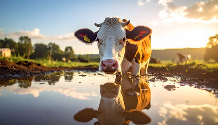 A curious cow pauses at a puddle during the golden hour on a farm. The warm light of the setting sun bathes the rural landscape, creating a perfect reflection in the water for a moment of quiet contemplation and natural beauty.の素材