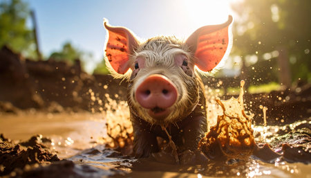 A joyful young piglet discovers pure bliss, splashing enthusiastically in a muddy puddle as the warm light of sunrise glows behind it. This charming scene captures a moment of carefree fun and innocence on a rural farm, celebrating the simple pleasures of country life.の素材