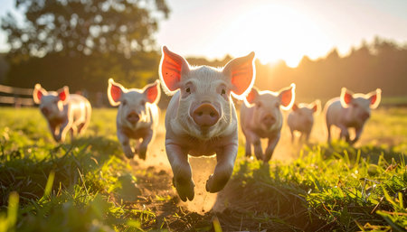A joyful group of young piglets charges forward through a grassy meadow, their ears glowing in the warm light of a beautiful sunrise. This dynamic scene captures a sense of unbridled energy, freedom, and the simple happiness of a new day on the farm.の素材