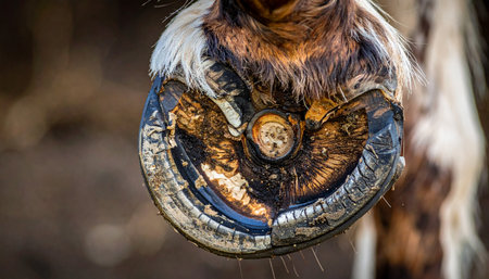 A macro view captures the intense moment of a farrier hot fitting a glowing horseshoe. Smoke rises as the hot metal is expertly pressed against the hoof, a testament to the traditional craft and precision required for proper equine care and protection.の素材