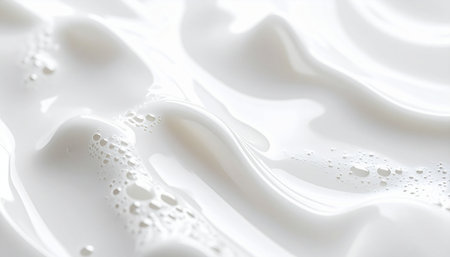 A gentle wave of pure white foam creates a soft, soothing landscape. This macro view captures the delicate texture of a cosmetic cream or soap lather, evoking a sense of clean, calm, and luxurious self-care in a minimalist setting.の素材