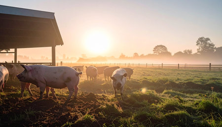 As the sun rises, casting a golden glow through the morning mist, a herd of pigs begins their day on a sustainable, free-range farm. The tranquil scene captures the essence of ethical agriculture and the peaceful rhythm of rural life.の素材