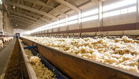 Inside a vast, modern agricultural facility, a large flock of sheep lines up along feeding troughs for their daily meal. The long, orderly rows highlight the scale and efficiency of contemporary livestock farming and the food production industry.の素材
