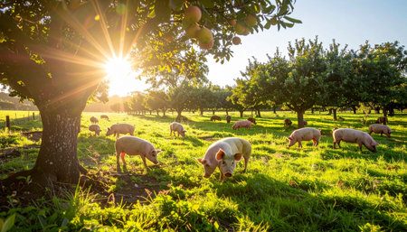 A herd of pigs forages peacefully in a lush green orchard as the golden hour sun casts long shadows and creates a beautiful sunburst. This idyllic scene evokes feelings of tranquility and represents sustainable, humane, and organic farming practices.の素材