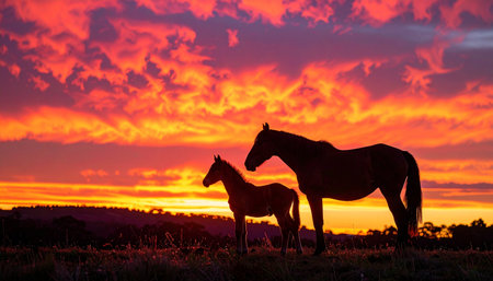 A mare and her young foal stand together in peaceful silhouette against a breathtakingly fiery sunset. The dramatic, colorful sky paints a scene of natural beauty, evoking feelings of serenity, family bonds, and the quiet majesty of the wild.の素材