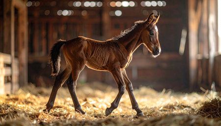A delicate newborn foal, bathed in the warm, soft light of a rustic barn, takes its first tentative steps on a bed of golden straw. This image captures a moment of pure innocence, new beginnings, and the quiet magic of life on the farm.の素材