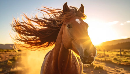 As the sun dips below the horizon, its golden rays illuminate a majestic horse. The wind catches its flowing mane, creating a powerful image of untamed spirit and natural freedom. This serene moment in the countryside captures the raw beauty and grace of the wild.の素材