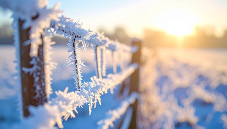 A crisp winter morning begins as the golden sun rises, casting a warm glow over a snow-covered landscape. Intricate ice crystals of hoarfrost cling to a rustic wooden fence, sparkling in the first light of day, creating a scene of serene and frozen beauty.の素材