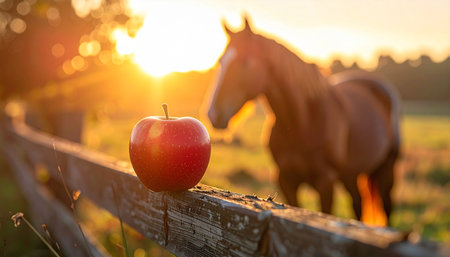 As the sun sets in a blaze of golden light, a crisp red apple rests on a rustic wooden fence, a simple offering or a moment of quiet contemplation. In the soft-focus background, a gentle horse waits patiently in the warm glow, creating a serene and idyllic portrait of country life and the simple joys found in nature.の素材